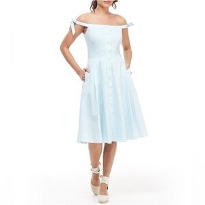 Gal Meets Glam Dora Midi Dress Size 10 Blue Linen Blend Off the Shoulder